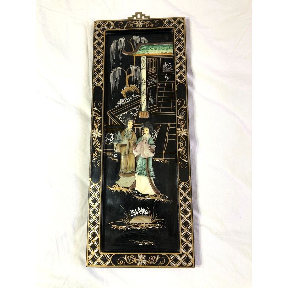 Vintage Chinese Black Lacquer Wall Plaque Panel Soapstone Mother of Pearl 8x20"